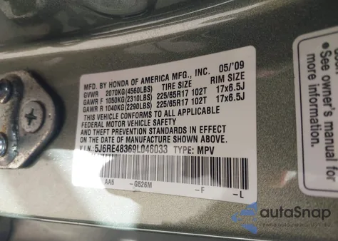 2009 Honda Cr-V Lx z USA, uszkodzony, nr VIN 5J6RE48369L046033